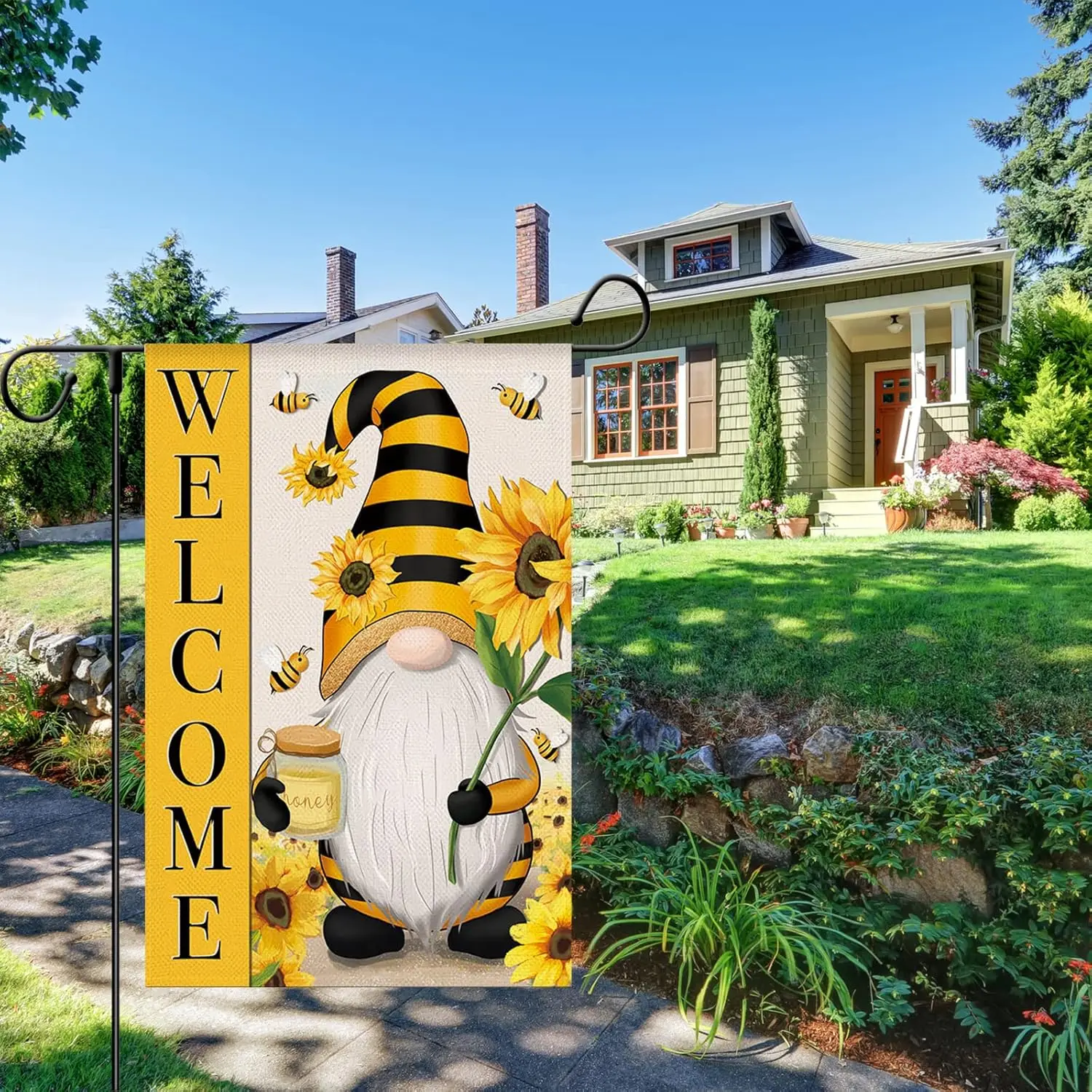 Welcome Spring Summer Garden Flag Sunflower Gnome Floral Bee Flag, 12 x 18 Inch Vertical Double Sided Burlap Banner for Outd jjp