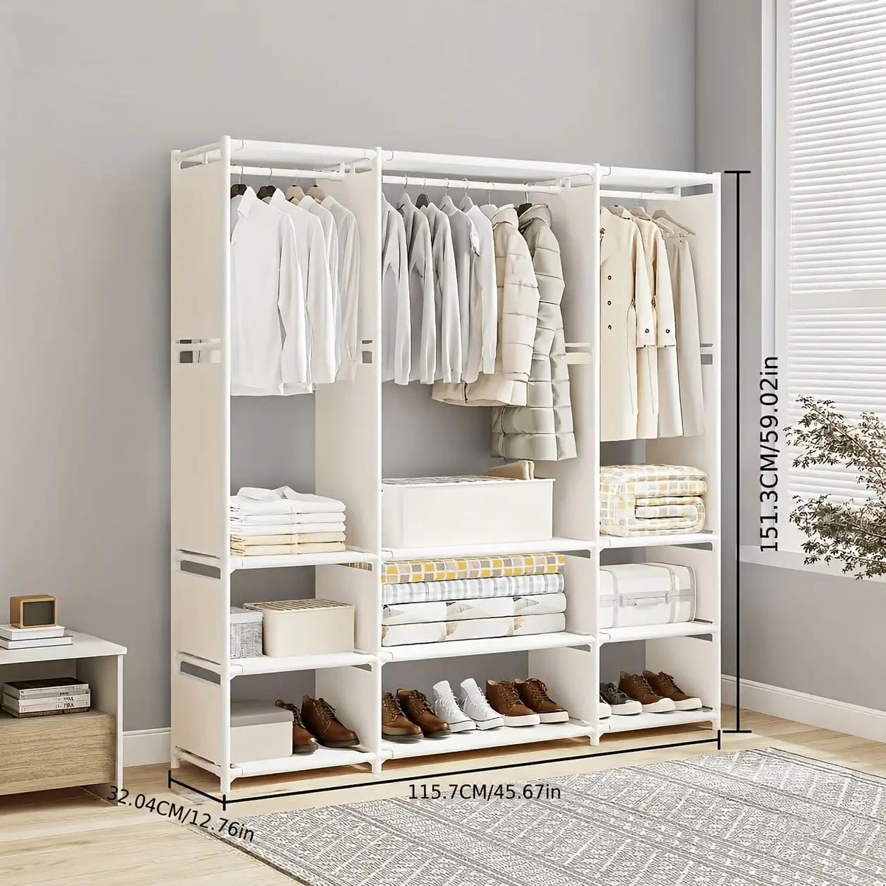 [Large Capacity Wardrobe]Features 9 Separate Storage Compartments, 3 Clothes Hanging Rods And 16mm Metal Tubes. Space-Saving And Userfriendlydesign, Ideal For Storing Clothes, Quilts, Luggage And Other Belongings. Suitable For 12 Different