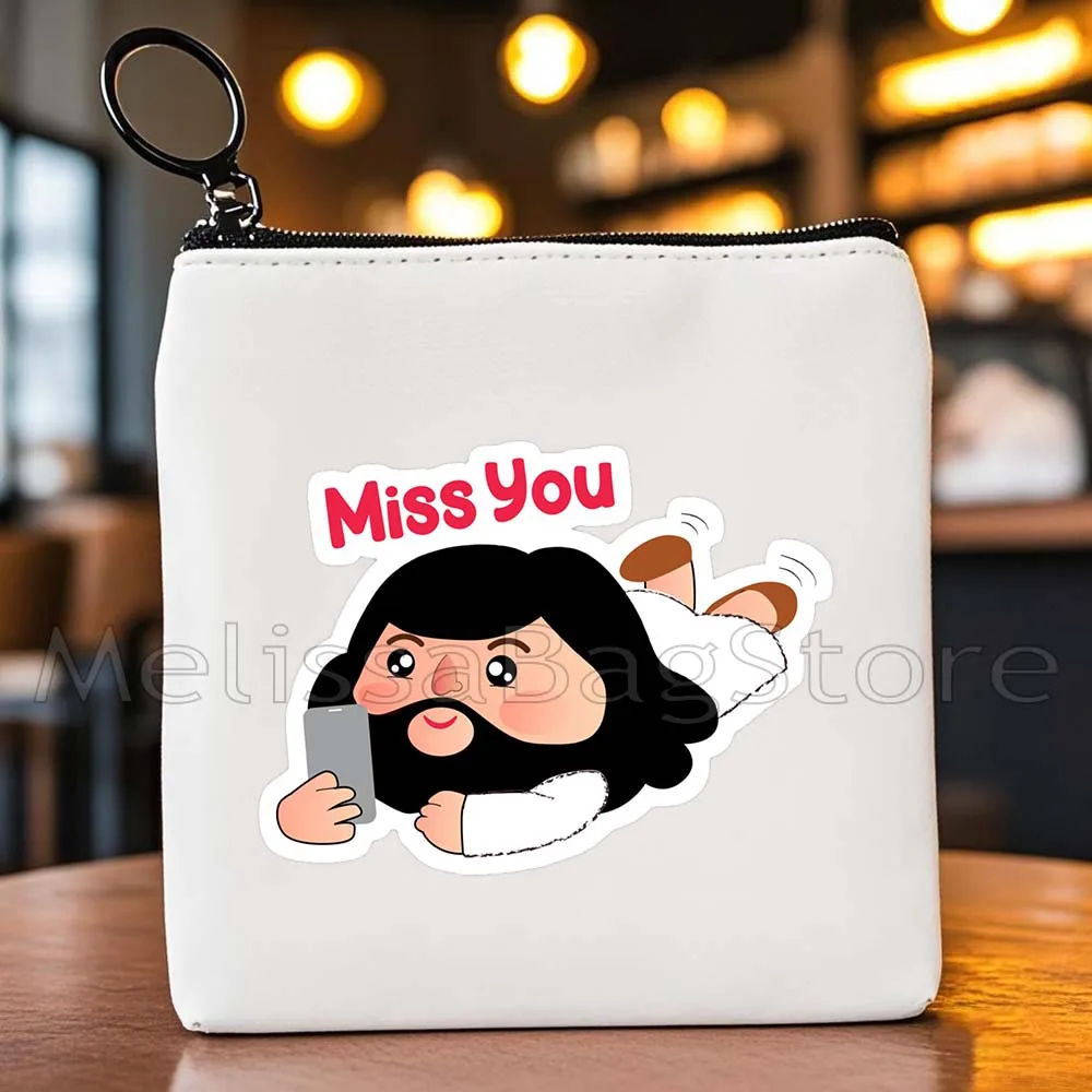 Cute Jesus Is Calling Christmas Gift Kawaii Sweet Baby Jesus Cartoon Buddy Christ Canvas Coin Purse Custom Key Case Cloth Bags