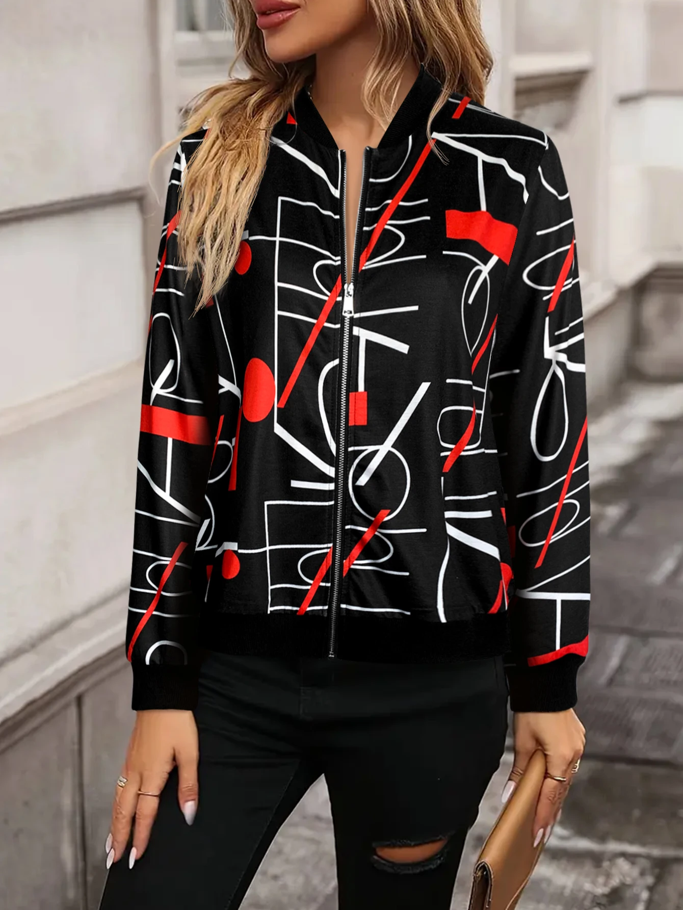 Women's abstract geometric printed baseball hoodie long sleeved zipper stand up collar casual lightweight jacket