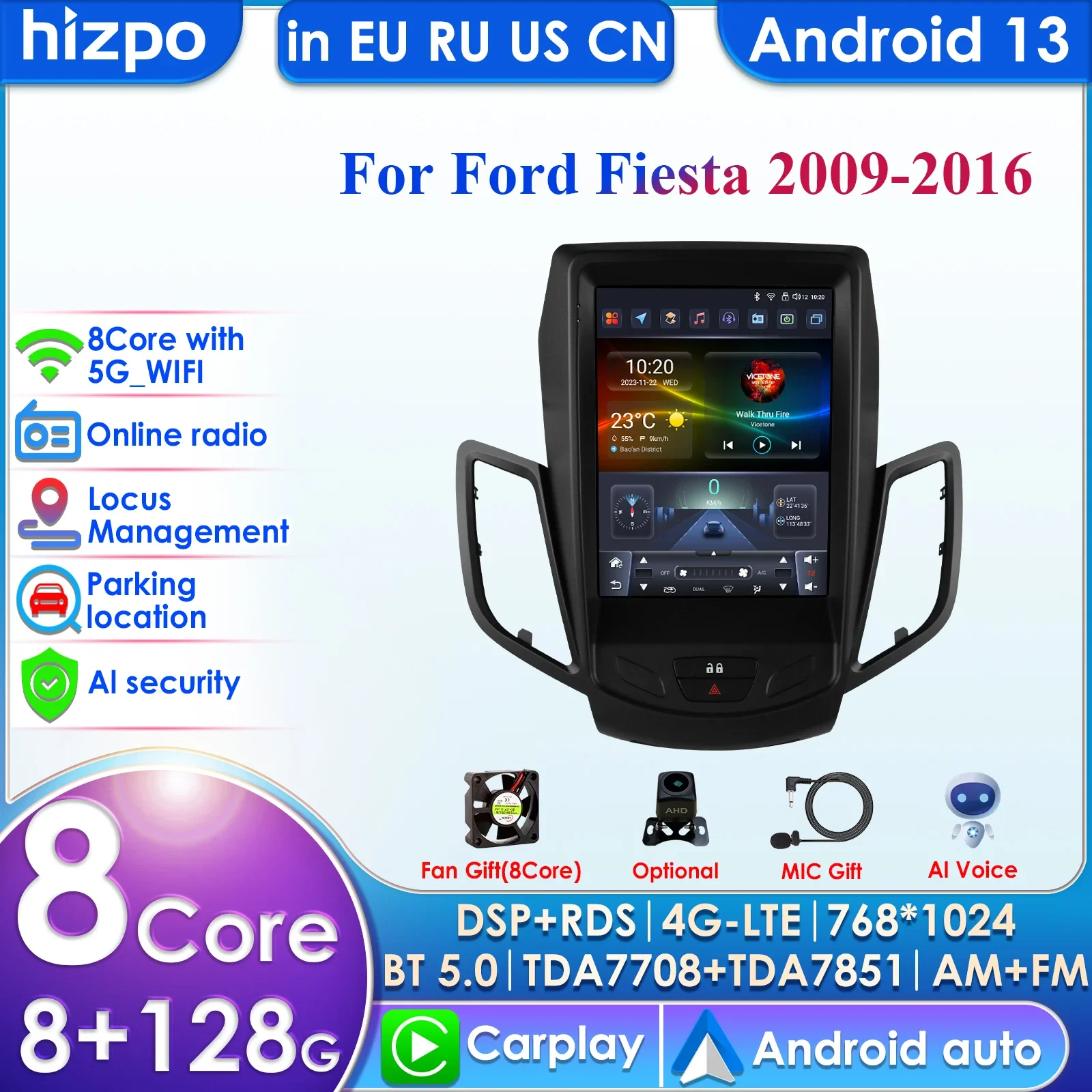 Android 13 2Din Car Radio for Ford Fiesta MK7 2009 - 2016 Multimedia Player Navigation Carplay Stereo Head Unit 9.7