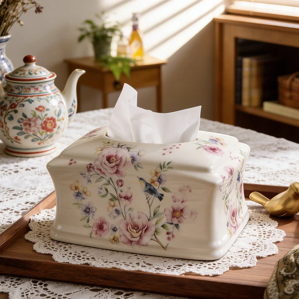 Ceramic Tissue Box, Vintage Colorful Floral Tissue Box Cover Paper Organizer for Home Bathroom Office Decorative Dispenser Box