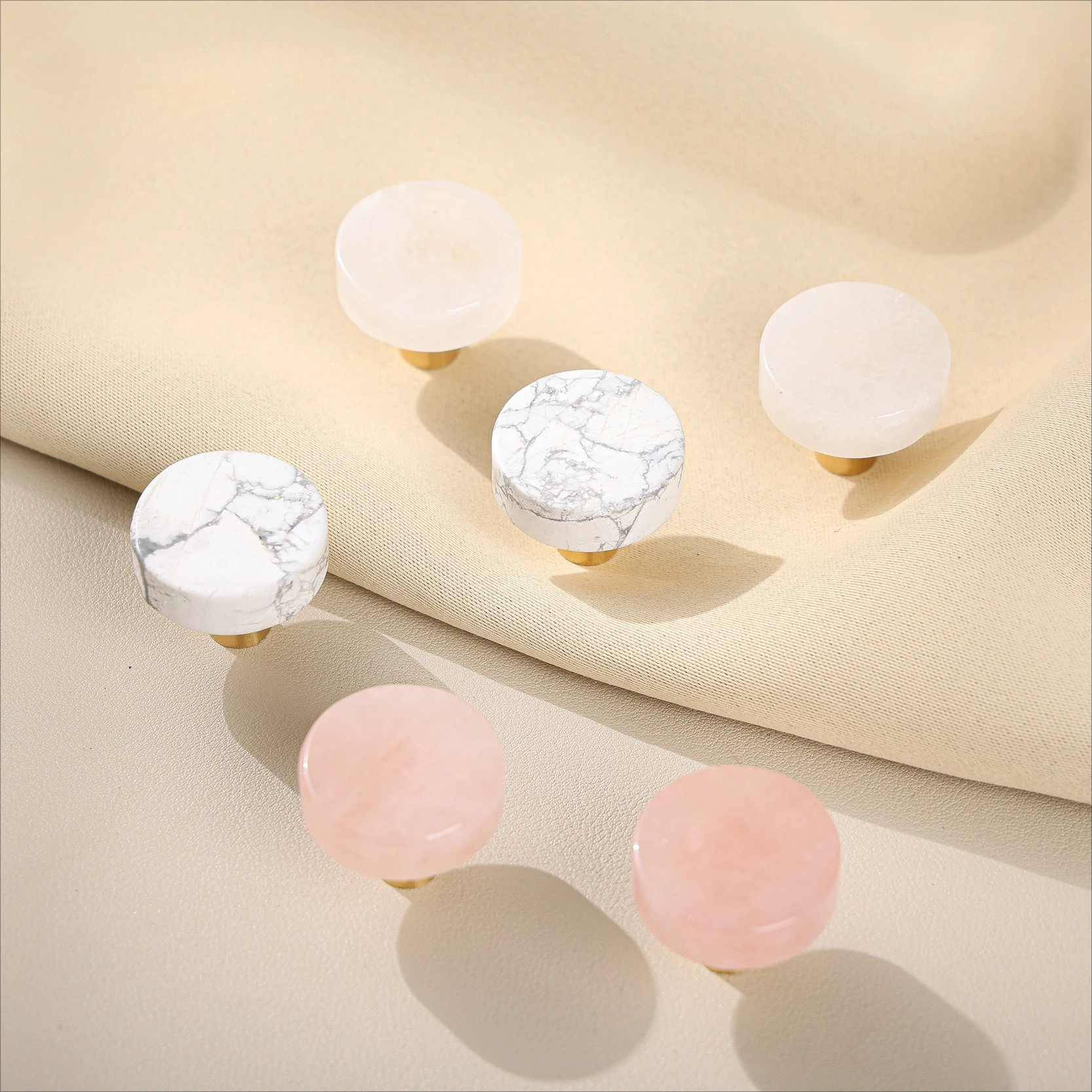 Natural stone brass handle round furniture wine cabinet drawer door handle Nordic style white single hole small handles
