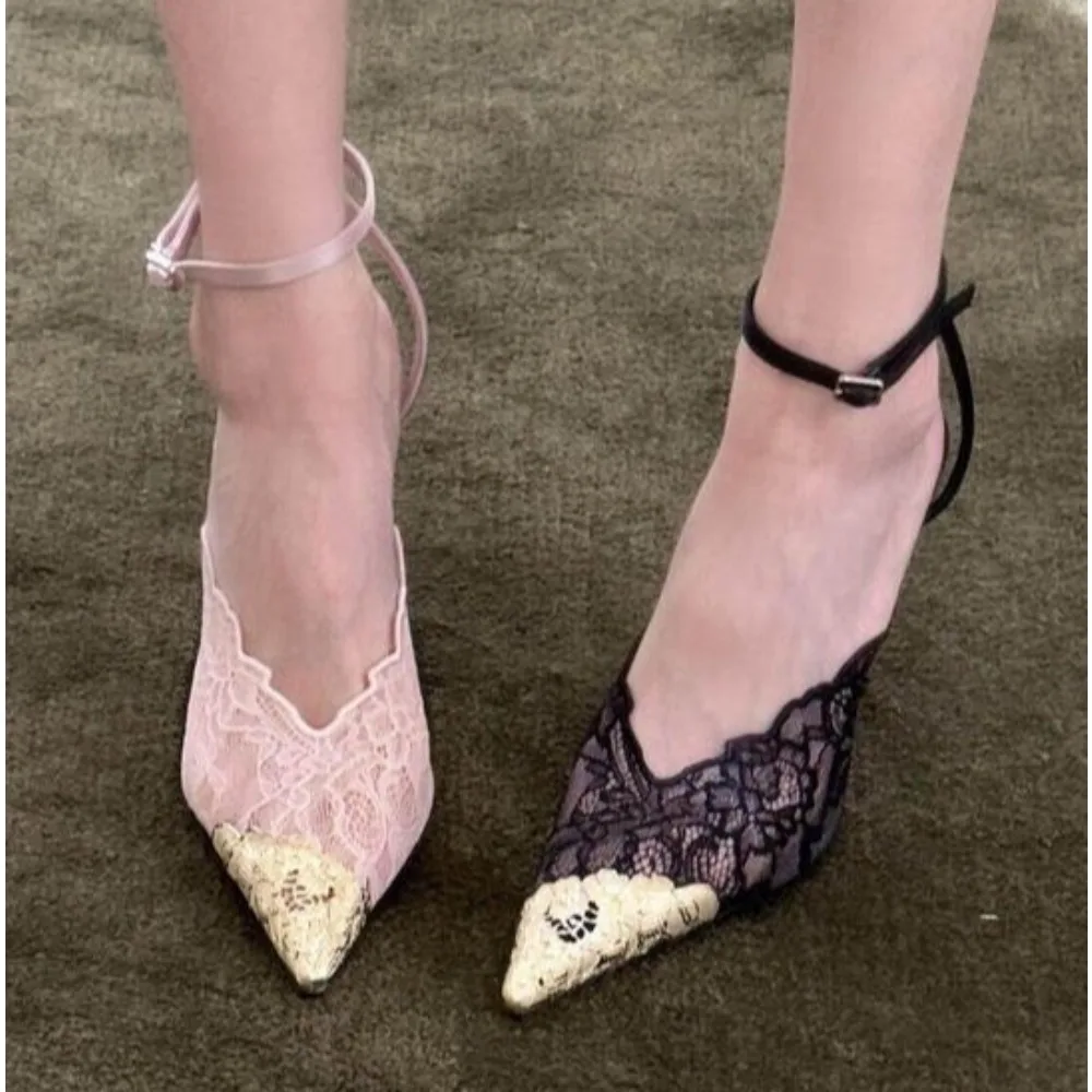 2026 Fashion Designer Lace Gold Color Blocking Hollow Out Women's High Heels Pointed Stilettos Show The Instep Elegant Shoes