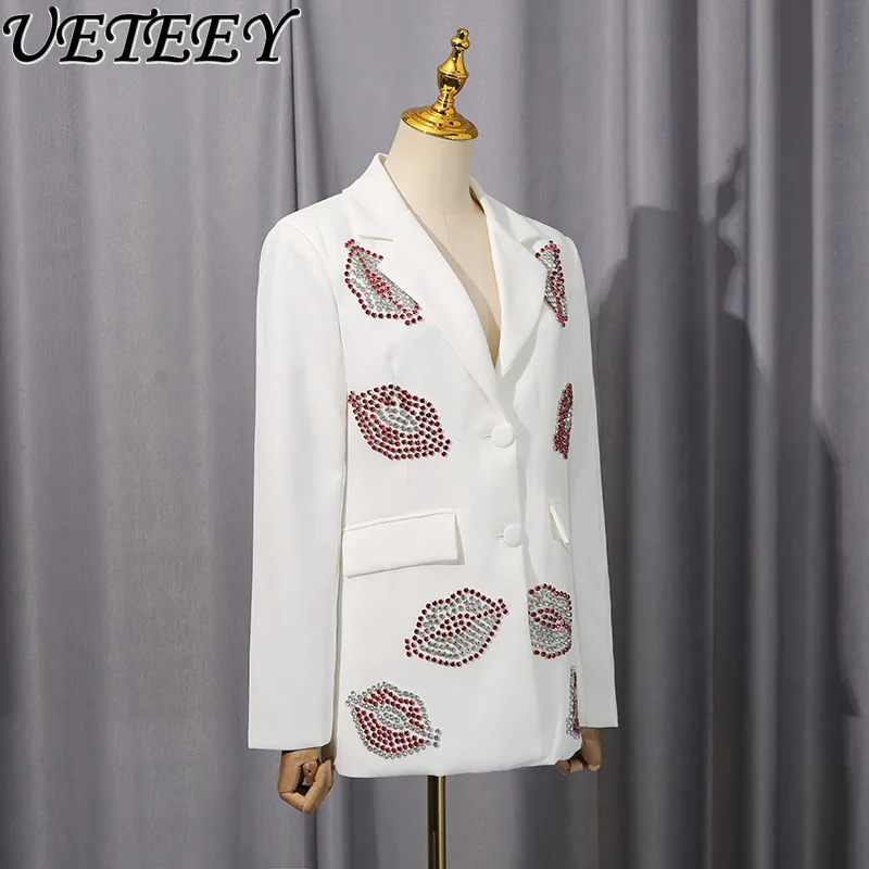 

Autumn New Elegant Personality Style Slim Fit Niche Suit Coat High-end Rhinestone Red Lip Commuter Black Blazer Jacket Women