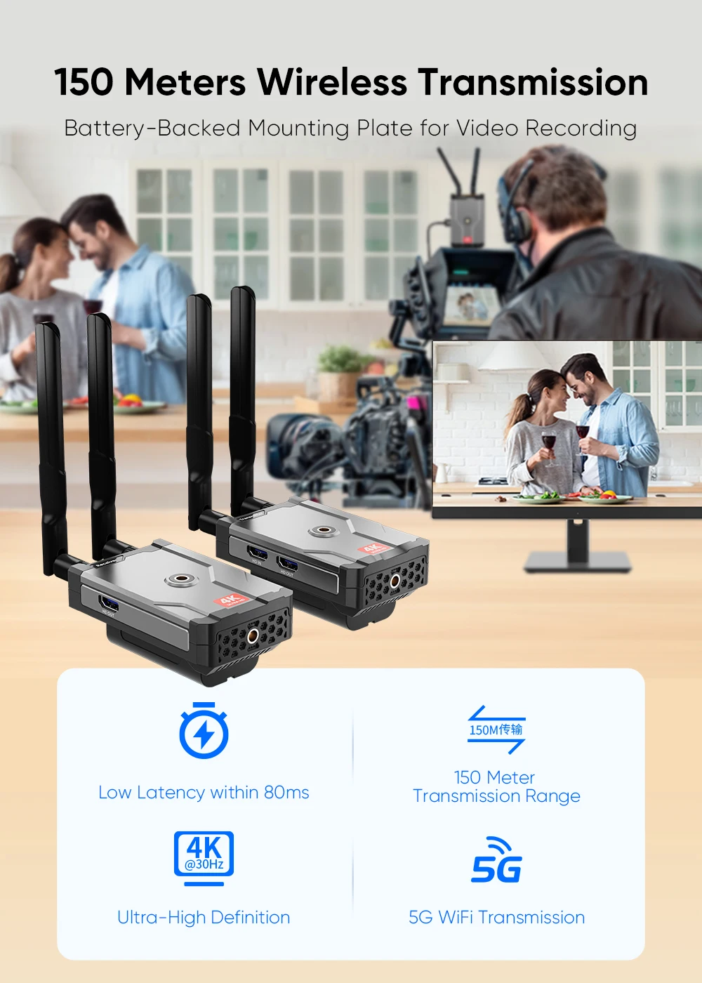 Wireless HDMI Extender 150M 4K30Hz Audio-video Transmission for Large Screen Viewing/game Casting/sharing Screen Content