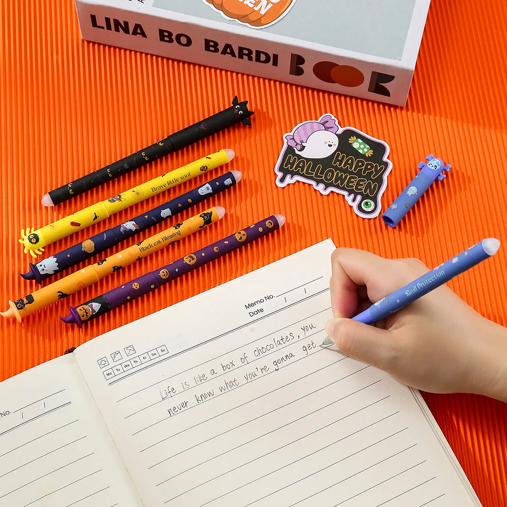 1-6 Stück Halloween löschbare Gelstifte, 0,7 mm Klick-Druckstift-Set, niedliche Geister-, Kürbis- und Fledermaus-Motive, Schreibgeschenk für Schüler, Schule und Büro – Detail 8