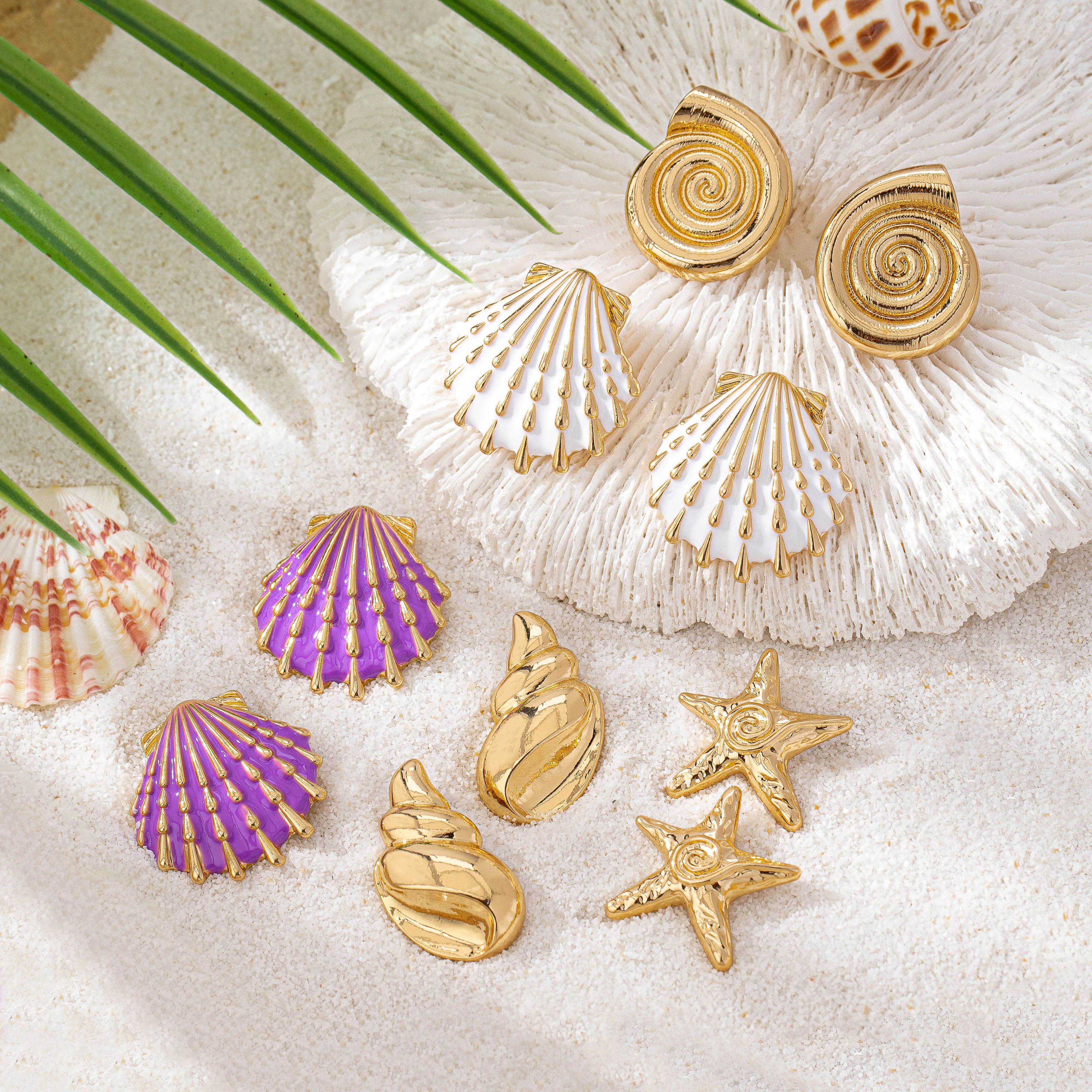 

European and American style enamel glaze shell golden snail, conch, starfish earrings, marine element jewelry, beach vacation