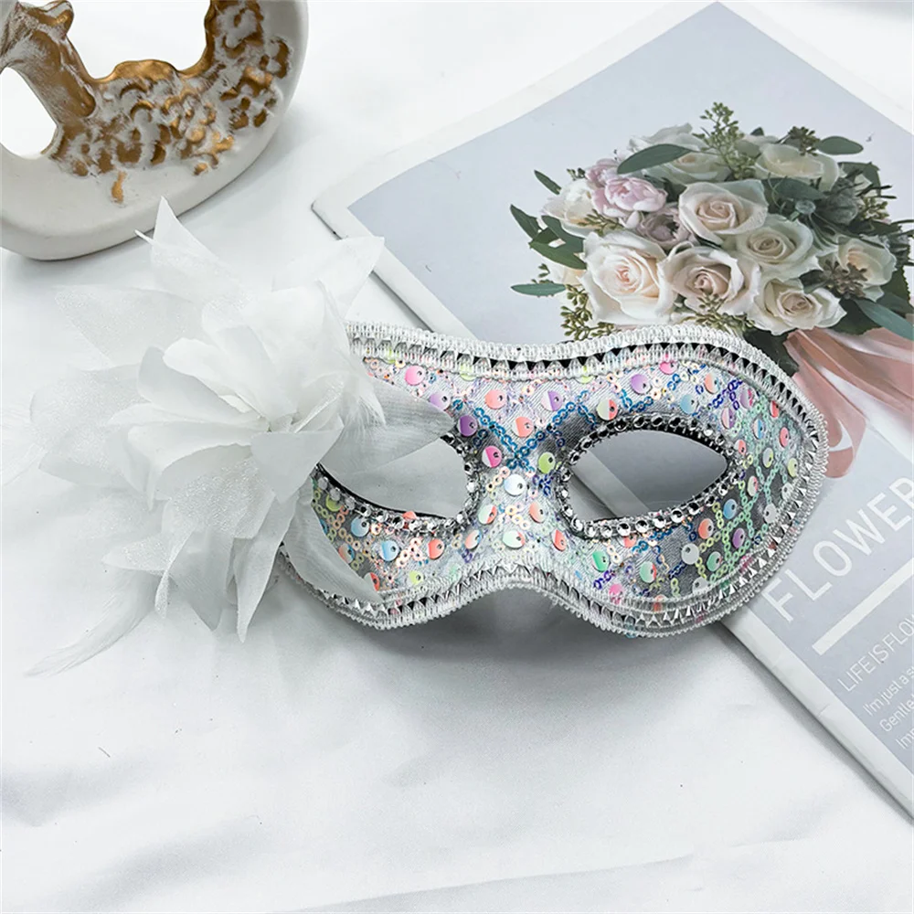 Dance Makeup Party Mask Half Face Masks Side Flower Feather Princess Beauty Mask Sequins Drill Masquerade Mask Performance