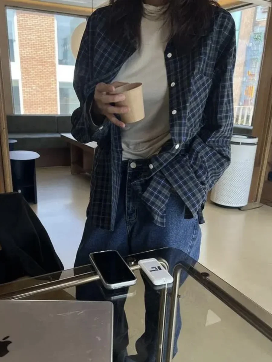

Retro Korean Sle Plaid Long Sve Loose Casual irt Men's Spring Autumn New Faion Slimming Layering irt