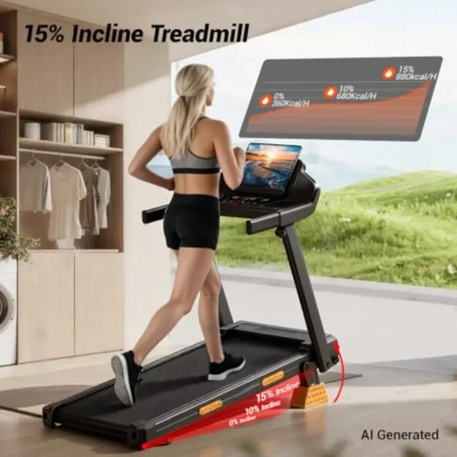 Home use folding treadmill with 16 incline, steel frame, black color, quiet 3.0HP motor, LED screen, 400lbs capacity, 7-layer s