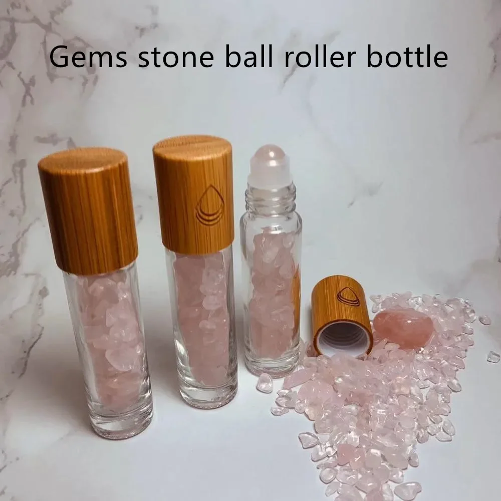 Vidrio de bambú Natural, piedra de cristal de cuarzo rosa, aceites esenciales, botellas con rodillo de masaje, botella de Perfume, tapa de bambú, bola de Jade
