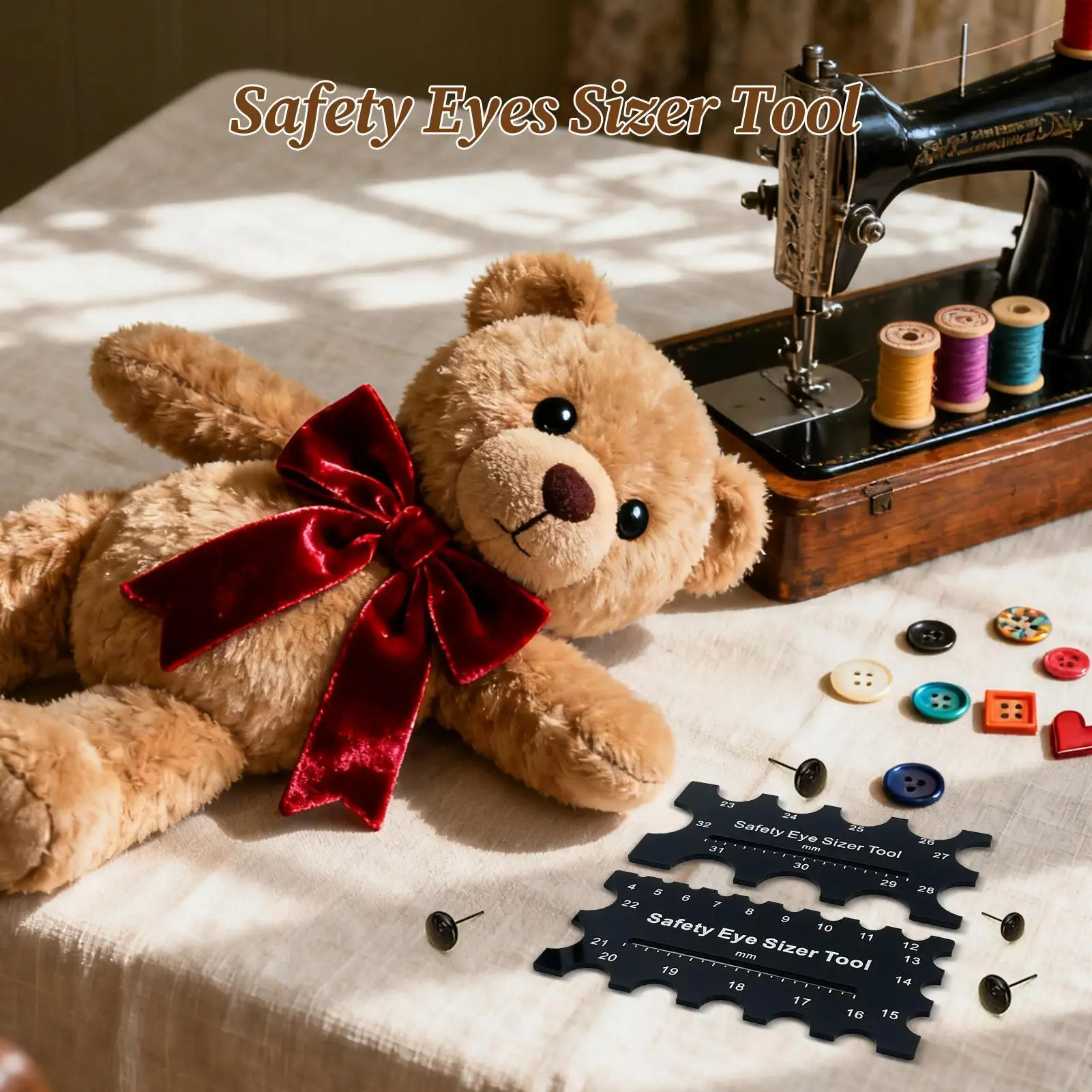 Drewniany przyrząd do pomiaru średnicy oczek bezpieczeństwa 4~32mm, linijka pomiarowa, narzędzie do szydełkowania do majsterkowania, instalacja oczek dla pluszowych misiów.