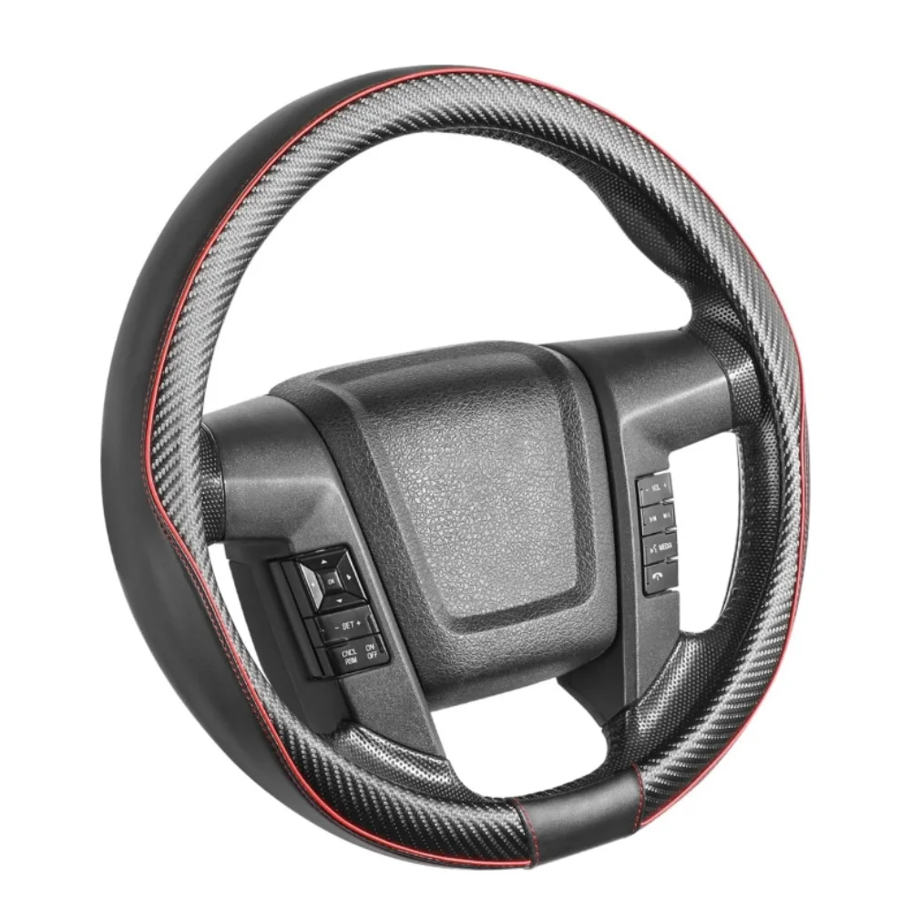 Car Steering Wheel Cover Large-Size With 38CM Outer Diameter Leather with Carbon Fiber Pattern Black Red Car Accessories