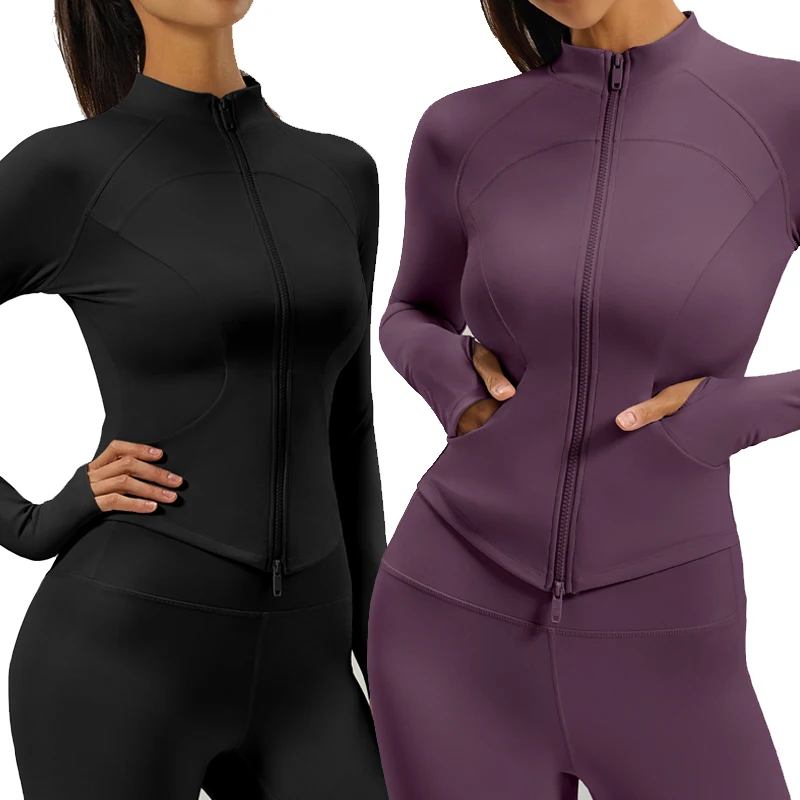 

New Autumn and Winter Women's Yoga Clothes Coat Side Pocket Slim Sports Top Double Zipper Jacket Finger Sleeve Outdoor Running