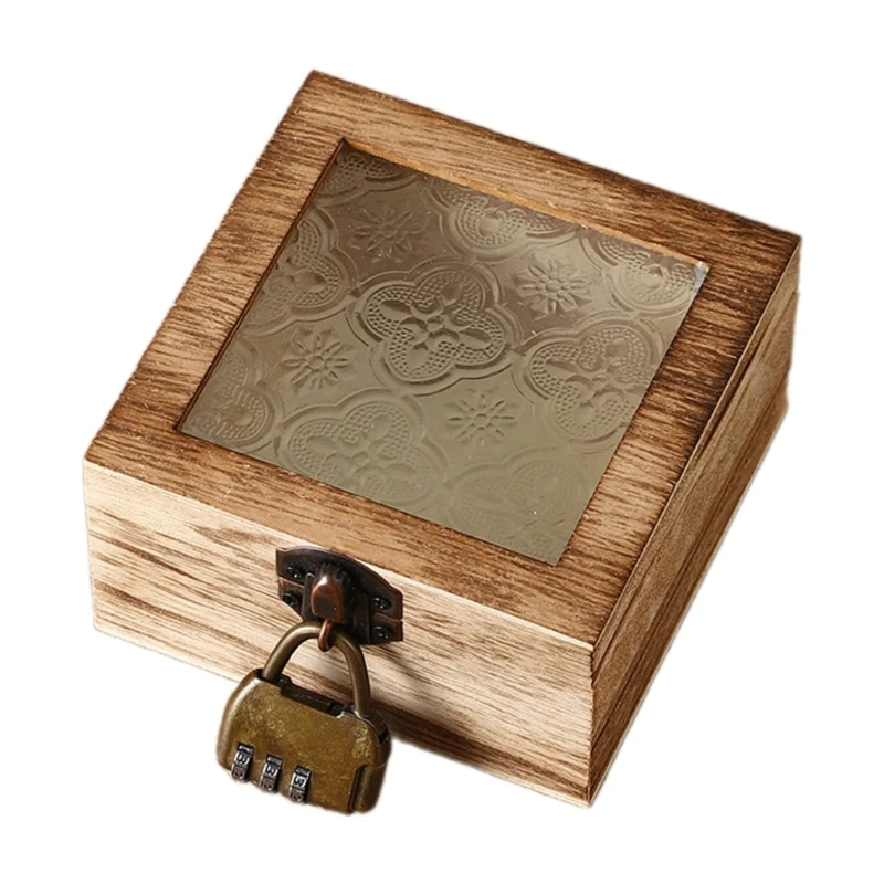 

573B Glass Storage Container with Begonia Flowers Glass Lid Wooden Frame Jewelry Box For Vanity Dresser Decoration