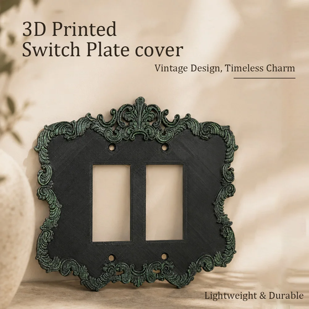 Cross-border Vintage Baroque Scroll Carved Switch Socket Decor Frame, Aged Green Gold European Palace Style Wall Switch Socket O