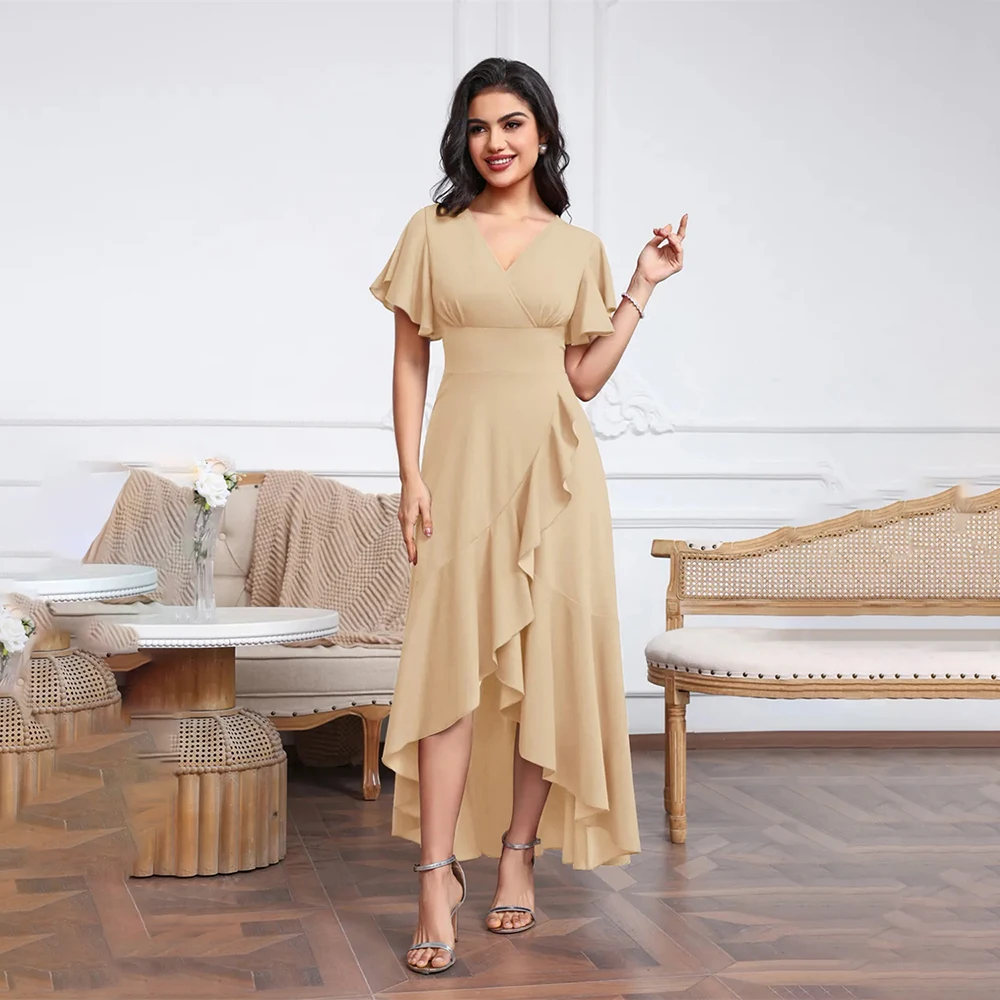 

Mother of the Bride Dress Elegant V Neck Ruffle Pleated Short Sleeve Fashion Formal Casual Mom Evening Party Dress Customized