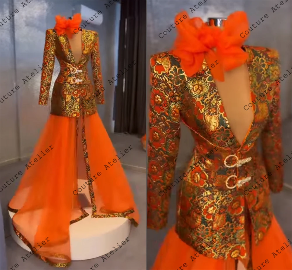 Vintage Embroidery Orange Evening Dresses Long Luxury 2024 Mermaid Proml Dress Elegant Long Sleeve Wedding Party Gown Customized