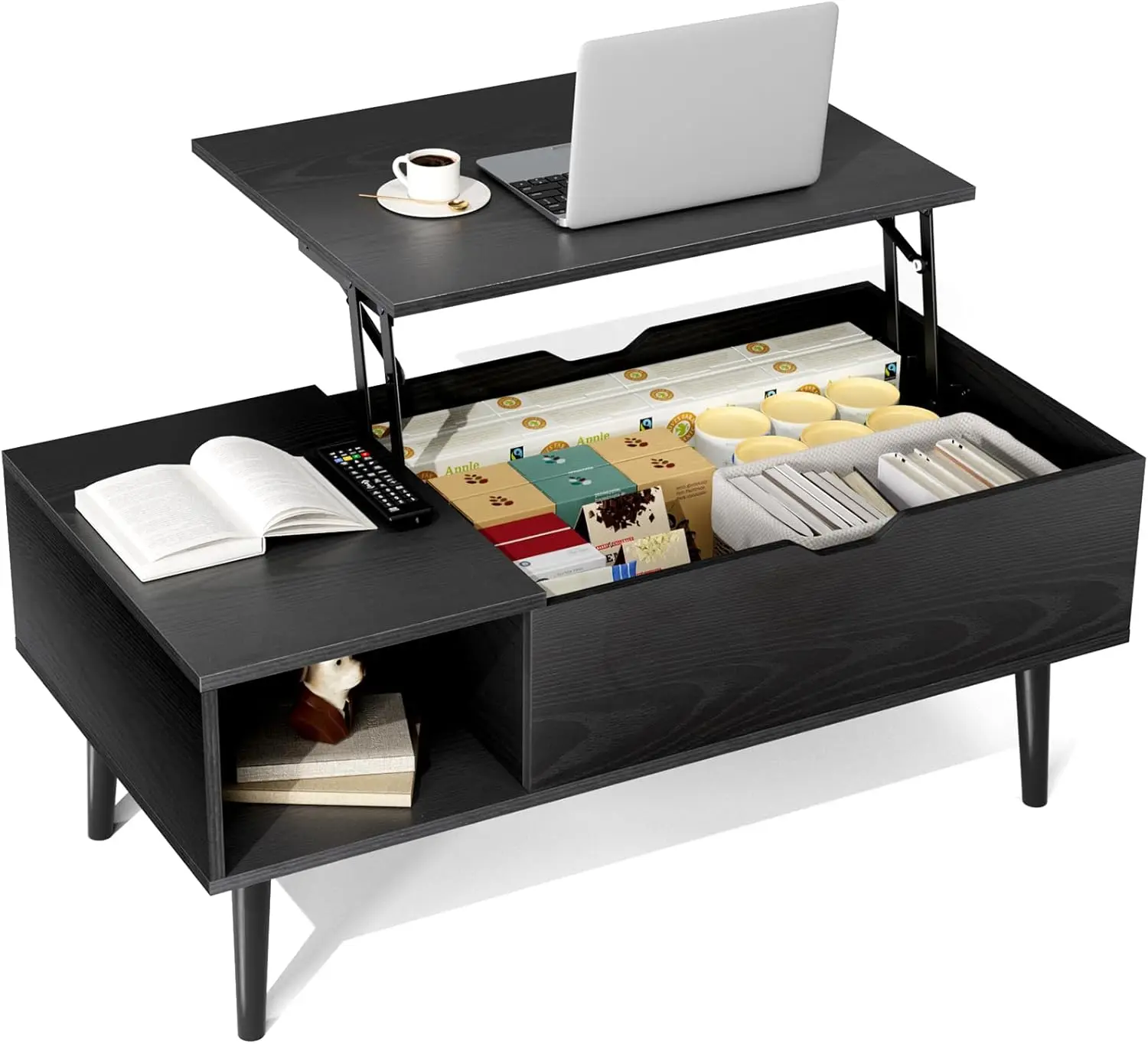 

Lift Top Coffee Table with Storage, Wooden Living Room Table, Hidden Compartment & Open Shelf for Small Spaces in Black