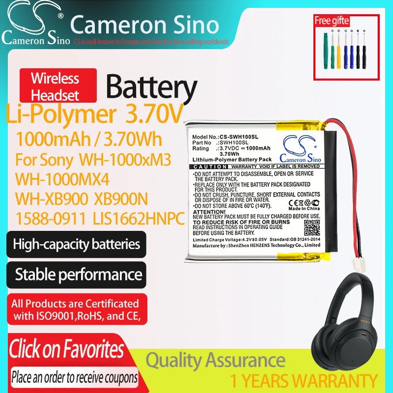 CS Wireless Headset Battery For Sony WH-1000xM3 WH-1000XM4 WH-XB900 XB900N WH-CH710N/B Fits 1588-0911 LIS1662HNPC SM-03