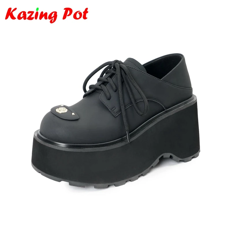 

Krazing Pot Cow Split Skin Spring Autumn Shoes Thick High Heels Brand Platform Lace Up Waterproof Metal Women Deep Mouth Pumps