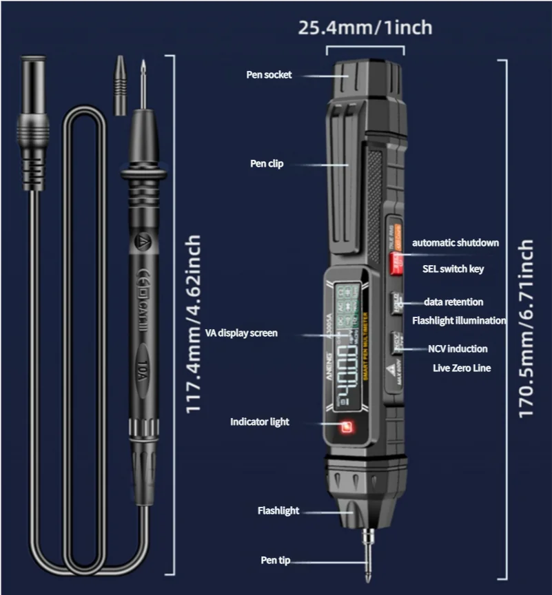 A3005A Digital Multimeter Tester Pen Portable AC/DC Voltage Meter Live Zero Line Detector Electrician Diode Hz Cap Ohm Tester