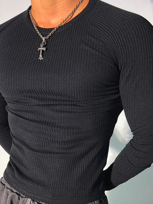 American Hard Man Style Elastic Slim Fit Muscle Man Long Sleeve Knitted Base Shirt Trendy Shoulder Width Waist Narrowing T-Shirt