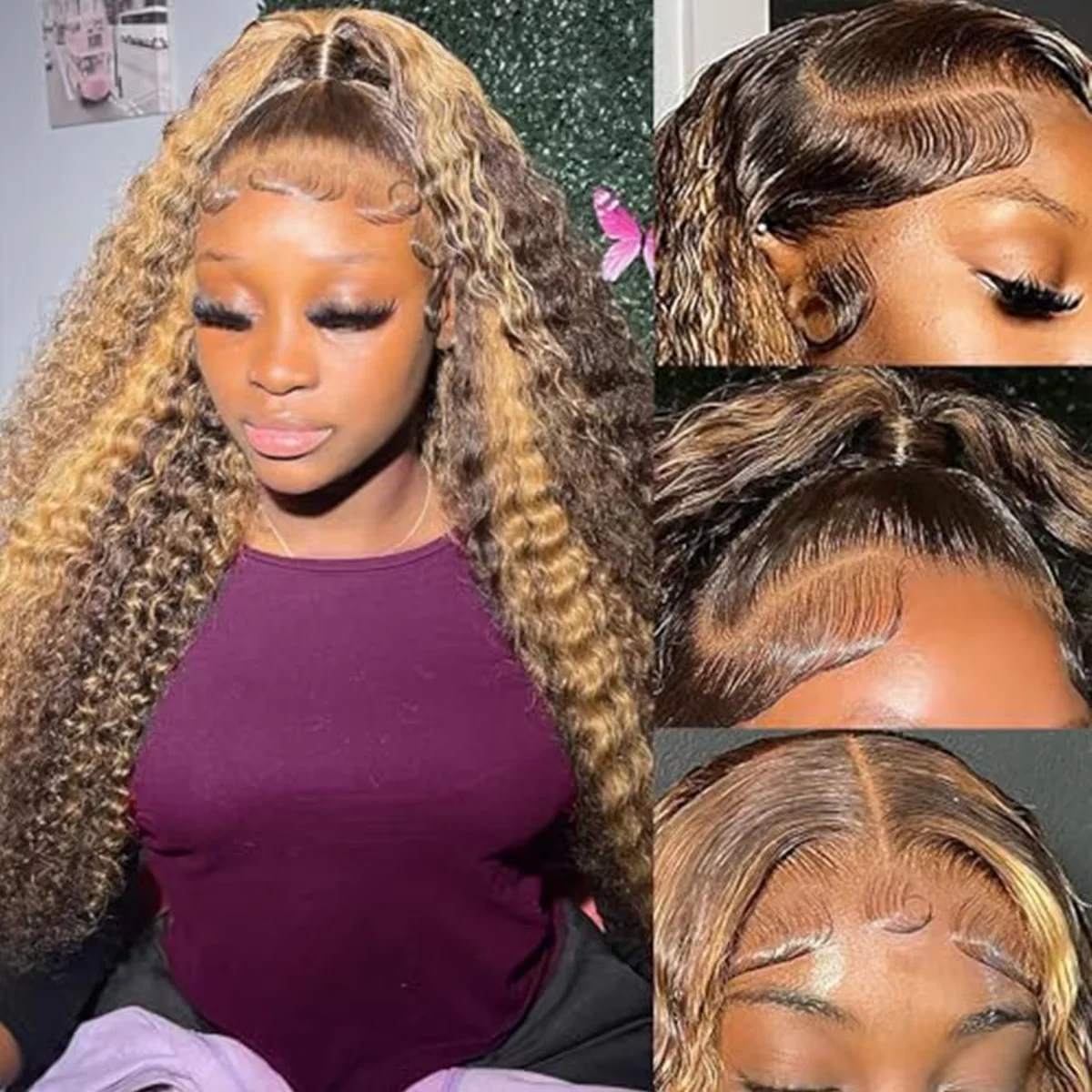 

Highlight Curly Human Hair Wig Brazilian Deep Wave Lace Front Wig Human Hair 4/27 Color Transparent Lace Frontal Wigs For Women