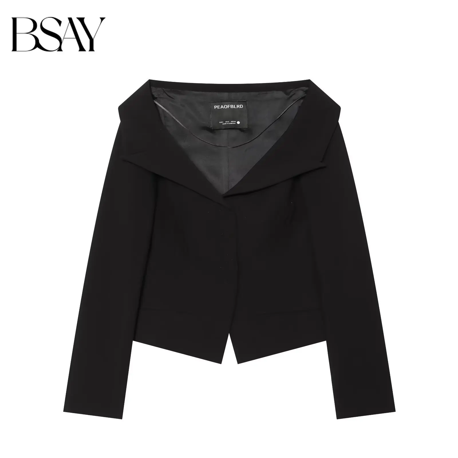 BSAY 2026 New Women's Elegant Fashion Black Blazer Asymmetrical Hem Long Sleeve Formal Outerwear Minimalist Office Suit Jacket