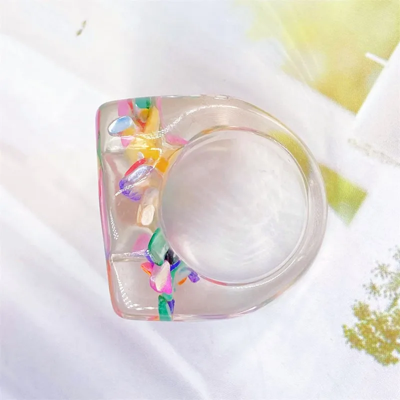 New ins style creative personality resin transparent ring small fresh color gravel wide face exaggerated hand jewelry wholesale