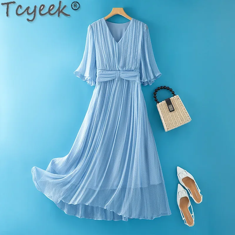 

Tcyeek 100% Real Mulberry Silk White Dress Womens Clothing Fashion Summer Dresses 2024 Elegant Women's Dresses Vestidos De Mujer