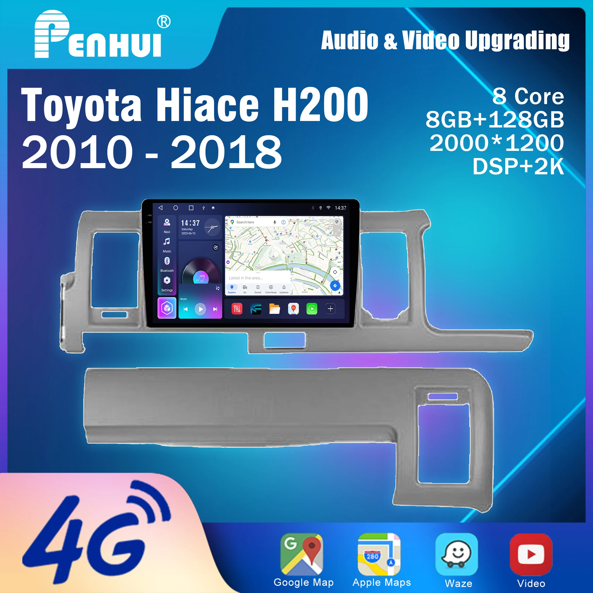 Penhui Android Car DVD Player Screen for Toyota Hiace H200 2010 - 2018 RHD Audio Video 2 Din DSP Bluetooth Carplay