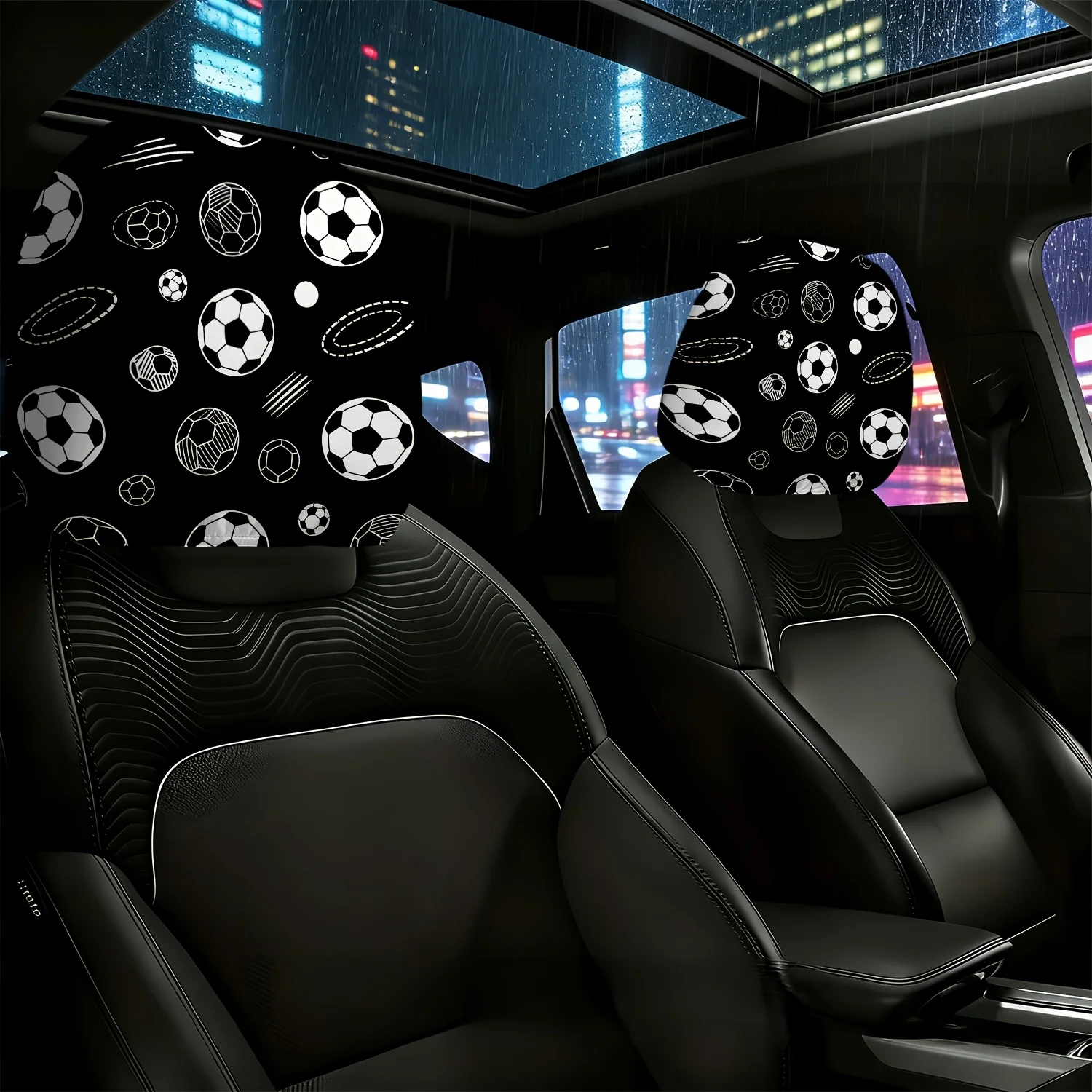 2pcs Soccer Pattern Black And White Background Printed Car Seat Headrest Covers, Washable Easy to Install, Durable