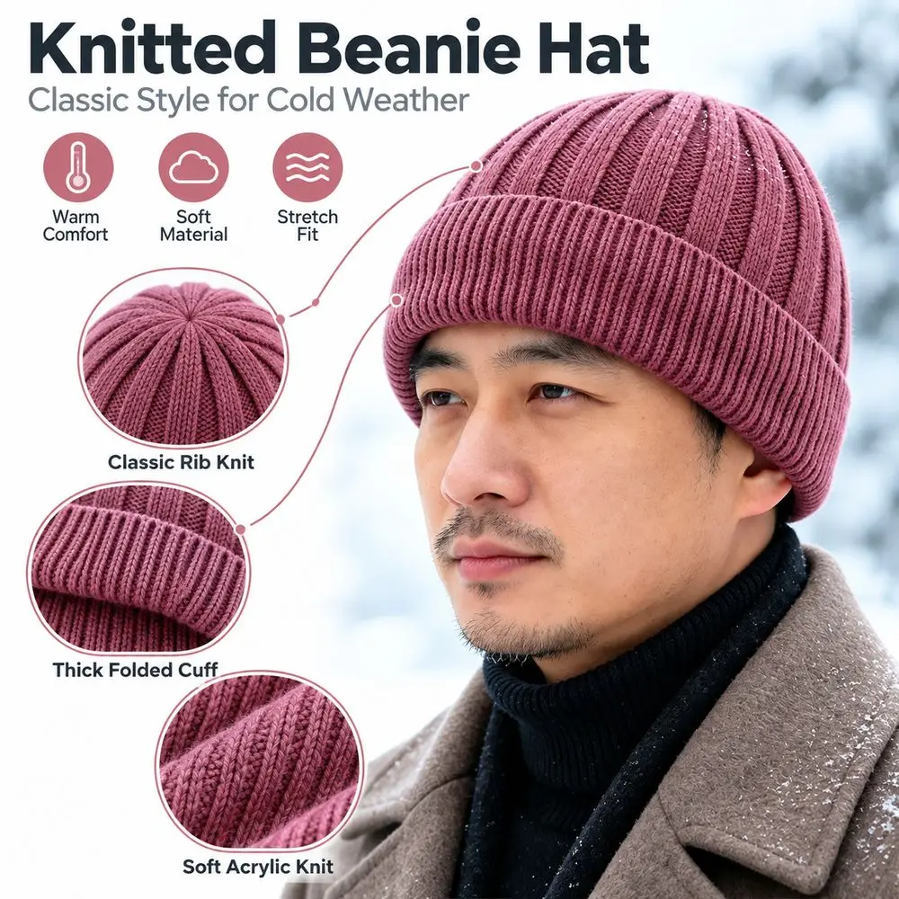Ribbed Knit Knitted Beanie Hat Ear Protection Elastic Cuff Fleece Lined Beanie Thick Warm Solid Winter Knit Hat Men Women