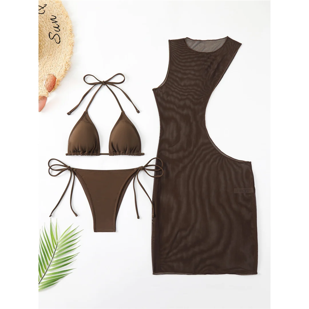 3-teiliges Set mit Überwurf, Neckholder-Bikini, Damen-Badeanzug, dreiteiliger Bikini, Badebekleidung, Badeanzug, Schwimmanzug V5645 – Detail 14