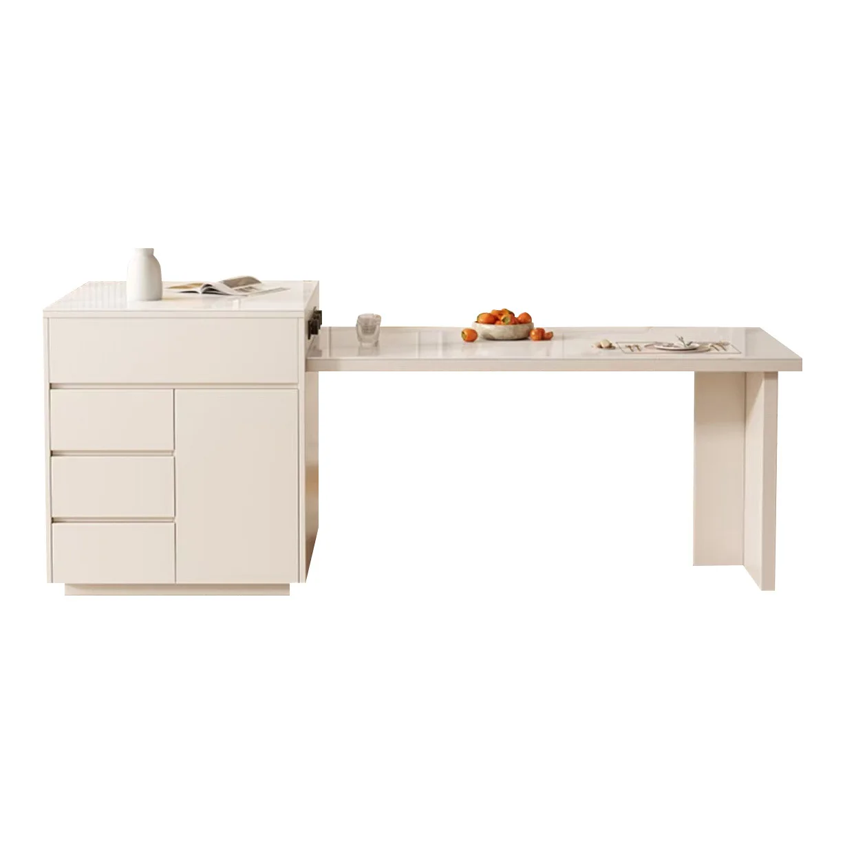 

2024 new solid wood rock slab dining table island retractable cream wind multi-functional dining table household dining table