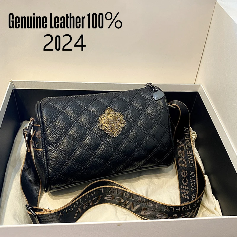 2024 Diamond Check Genuine Leather Women Small Pillow Handbags Female Cross Body Bags Famous Brand Designer Cowhide Boston Bag