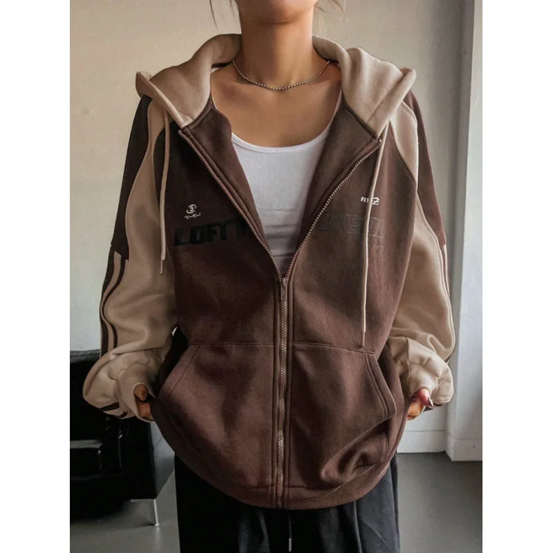 American rétro style patchwork contrastant sweat à capuche, lâche et paresseux automne et hiver veste