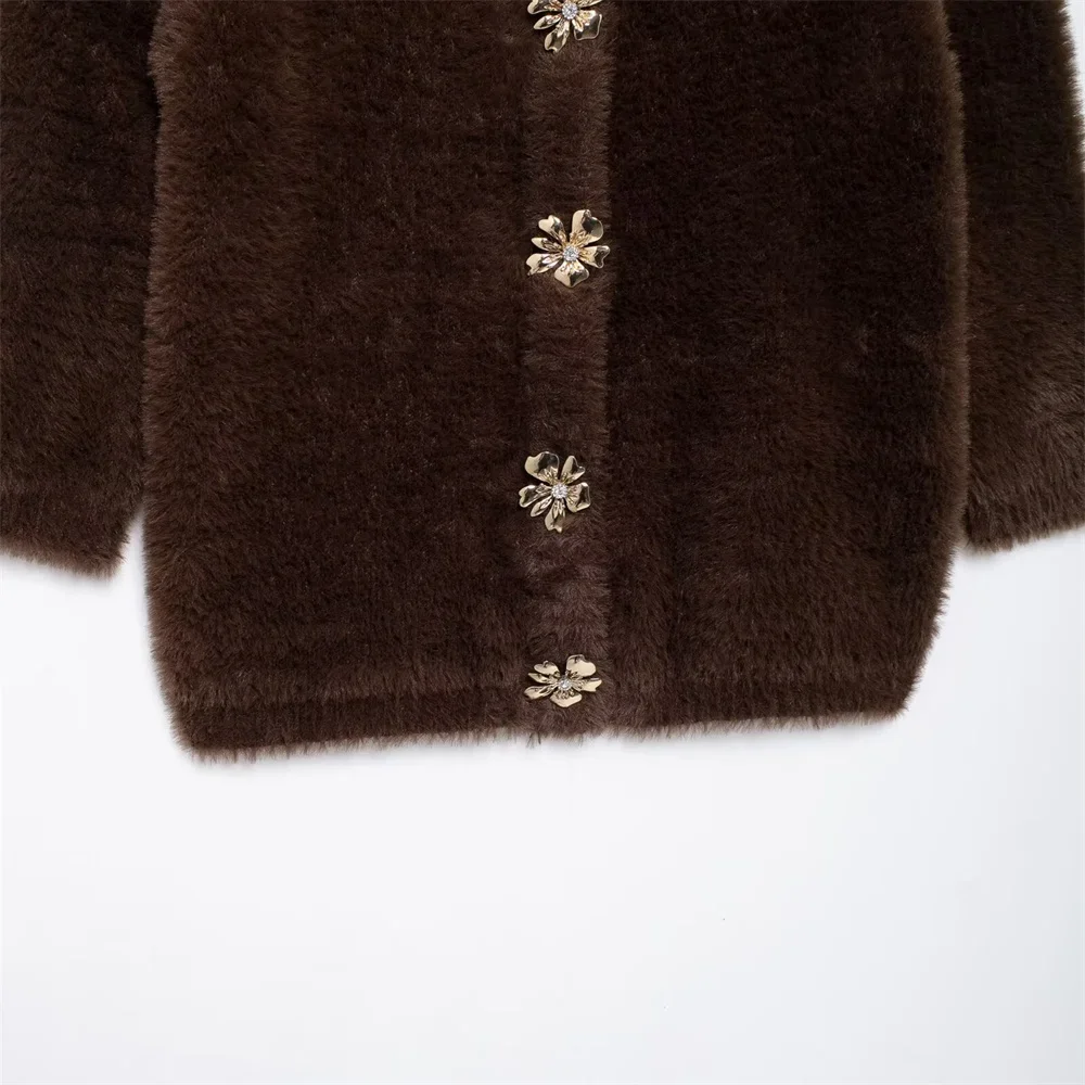 LIBIELIY automne et hiver nouveaux vêtements décontractés pour femmes Simple et à la mode effet fourrure artificielle col rond veste tricotée