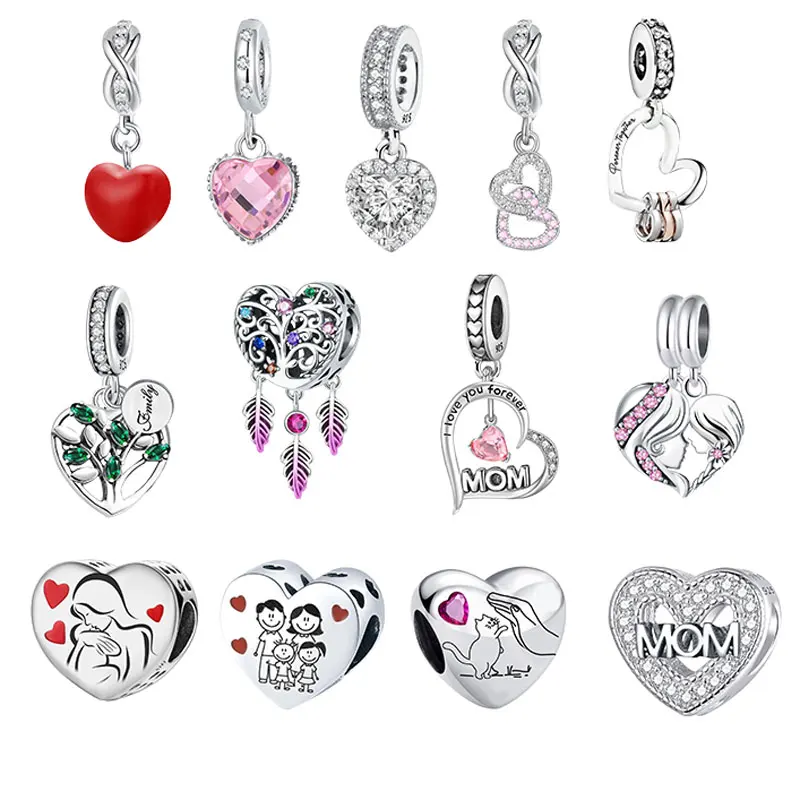 925 เงินสเตอร์ลิงหวานน่ารักหัวใจรักสีชมพูจี้ลูกปัด DIY สร้อยข้อมือสร้อยคอของขวัญคุณภาพสูงแฟชั่นเครื่องประดับ