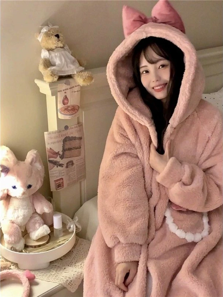 Coral Fleece Robes Women Winter Warm Sweet Cozy Hooded Sleepwear Fluffy Plus Velvet Thicker Aesthetic Girlish Home Korean Style