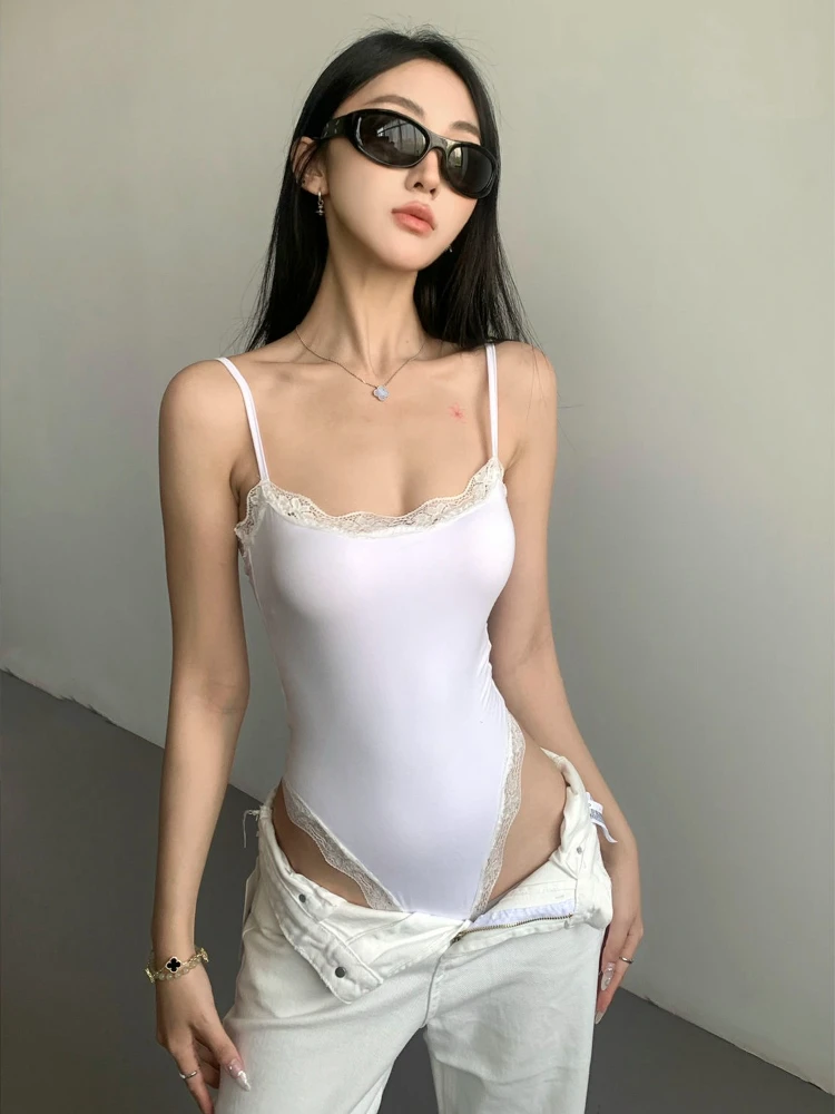 Summer Fashion New Girls' Elegant Tight Fitting Camisole Jumpsuit with Lace Edges, Sexy Backless Base Sleeveless Jumpsuit Top