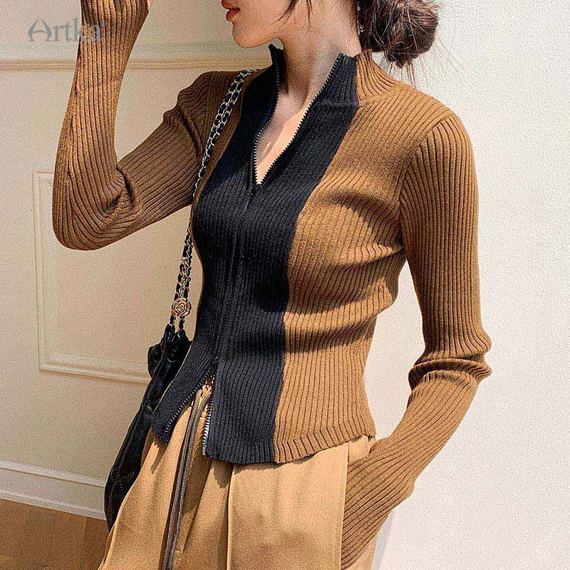 

ARTKA 2023 Spring New Women Knitwear Fashion Patchwork Slim Long Sleeve Zipper Knitwears Wool Knitted Coat Female 22WB037Q