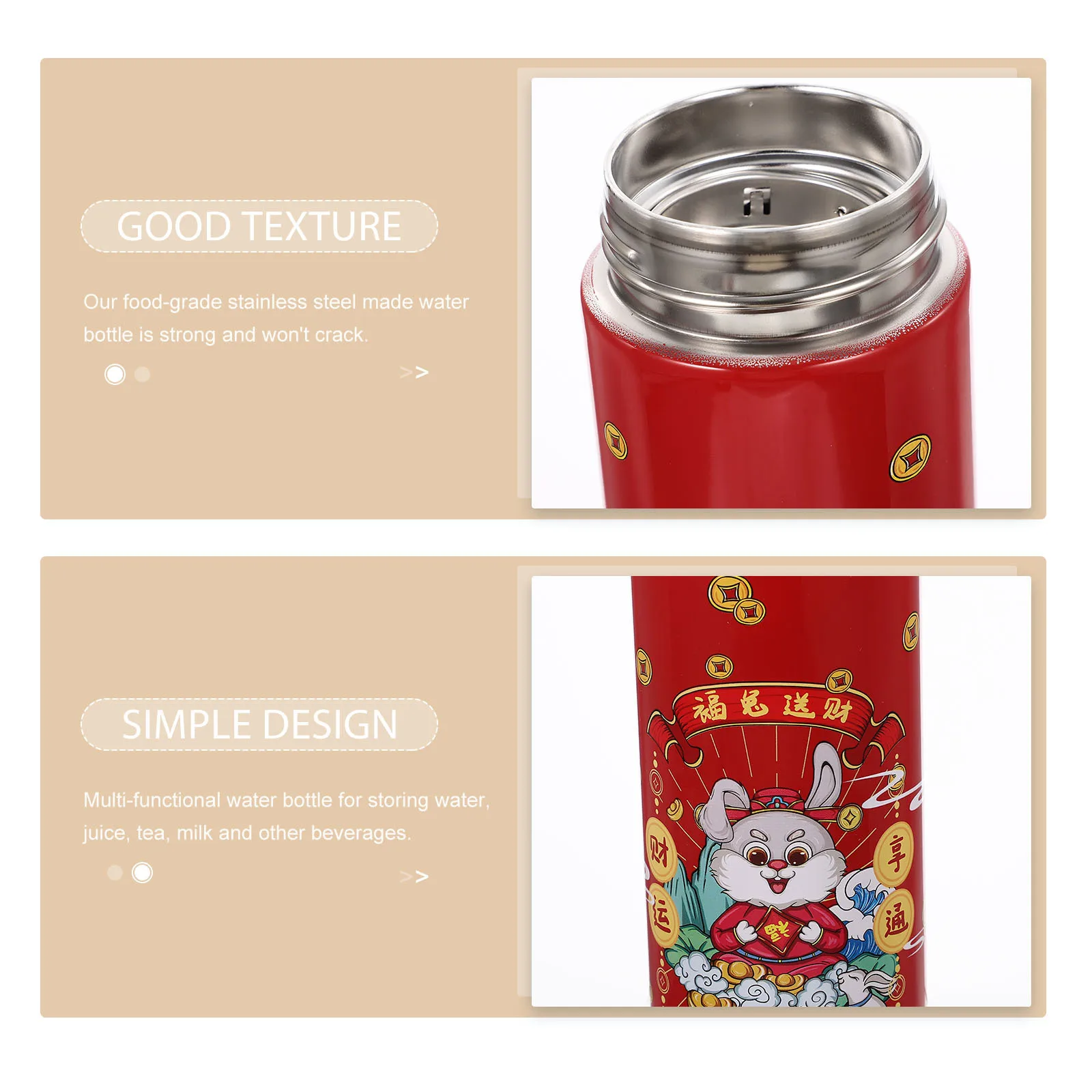 

Vacuum Insulated Stainless Steel Water Bottle Rabbit Year Leak Proof Temperature Display Bottle for Fitness Camping Gift