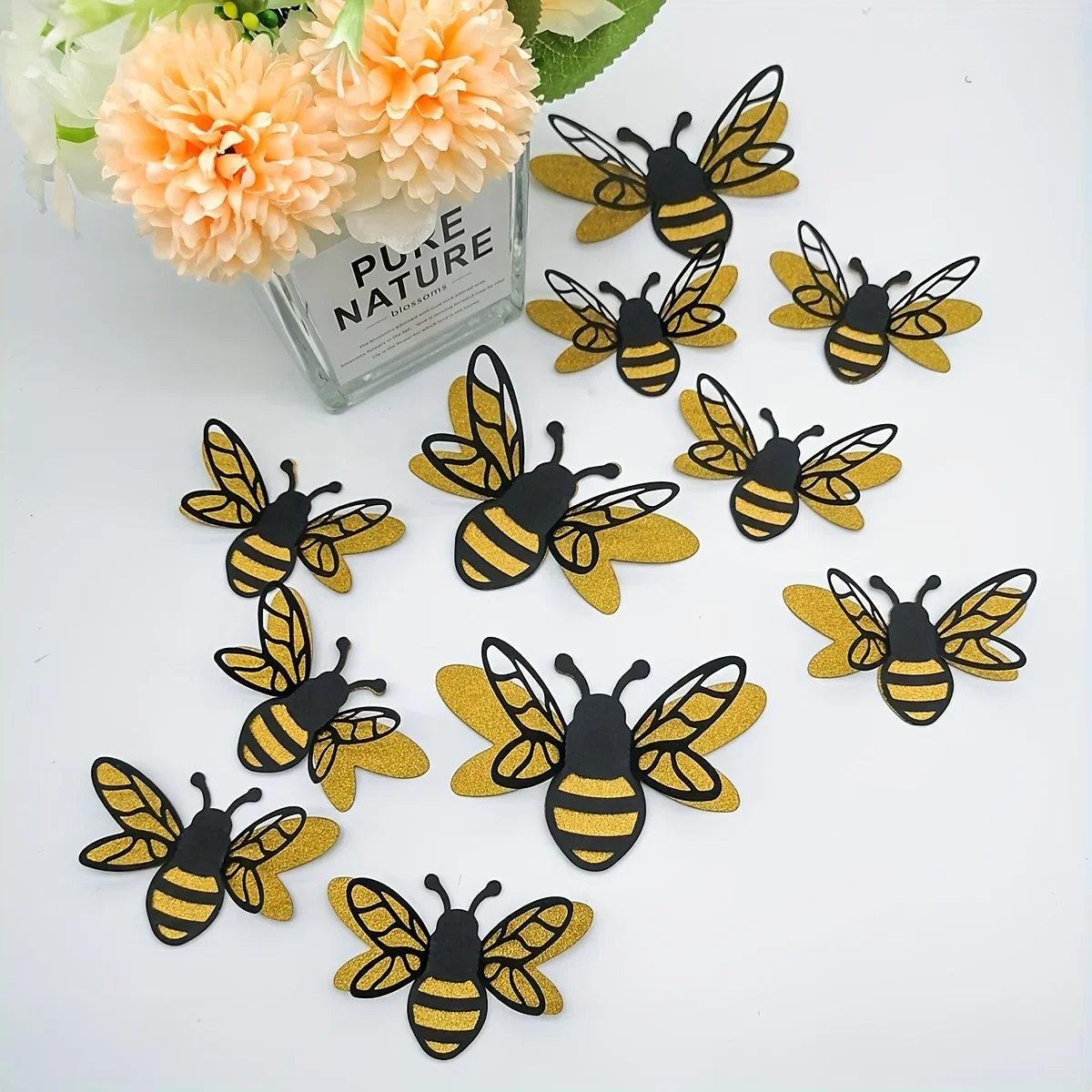12pcs Golden Glitter Honeybee Stickers Black Yellow Bee Cutouts Self-Adhesive Decals for Wall DIY Crafts Party Decoration