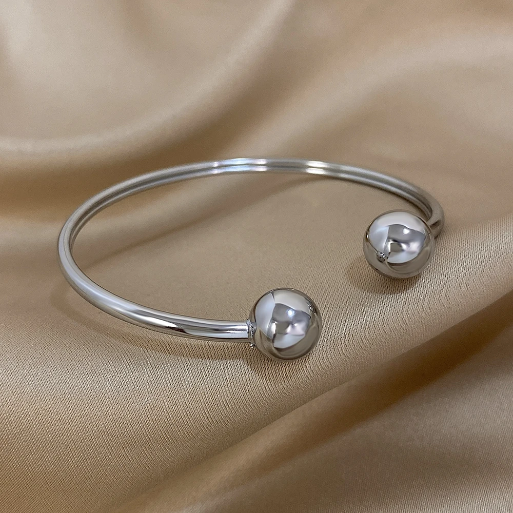 Greatera Minimalist Double Ball Stainless Steel Cuff Bracelet Bangle for Women Gold Plated Opening Bracelets Party Jewelry