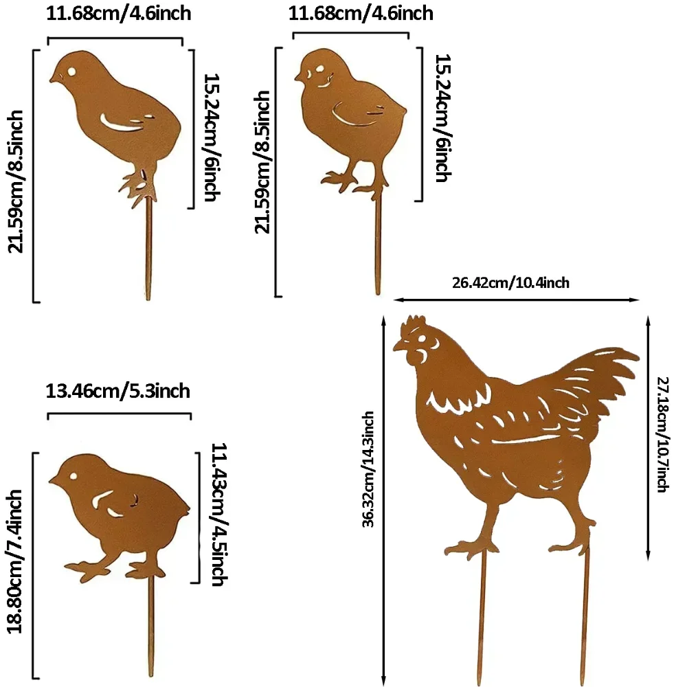 Set of 4 Metal Garden Stakes – Hen and Chicks Silhouette Statues, Stylish Outdoor Decor for Patio, Lawn, and Garden Gifts