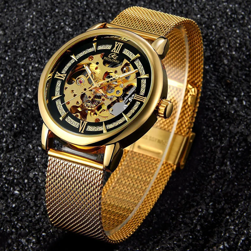 

Men’s* Automatic Mechanical Watch, European Style Skeleton Design with Stainless Steel Mesh Strap, Fashion Wristwatch