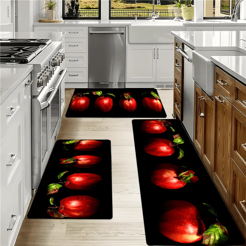 Set of 3 Kitchen Runner Mats with Realistic Red Apple Pattern for Kitchen Counter and Cabinet Area